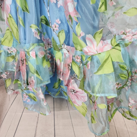 Handmade OOAK Floral Iridescent Ruffle Midi Dress Sheer Sleeve Coquette XS - Picture 6 of 16